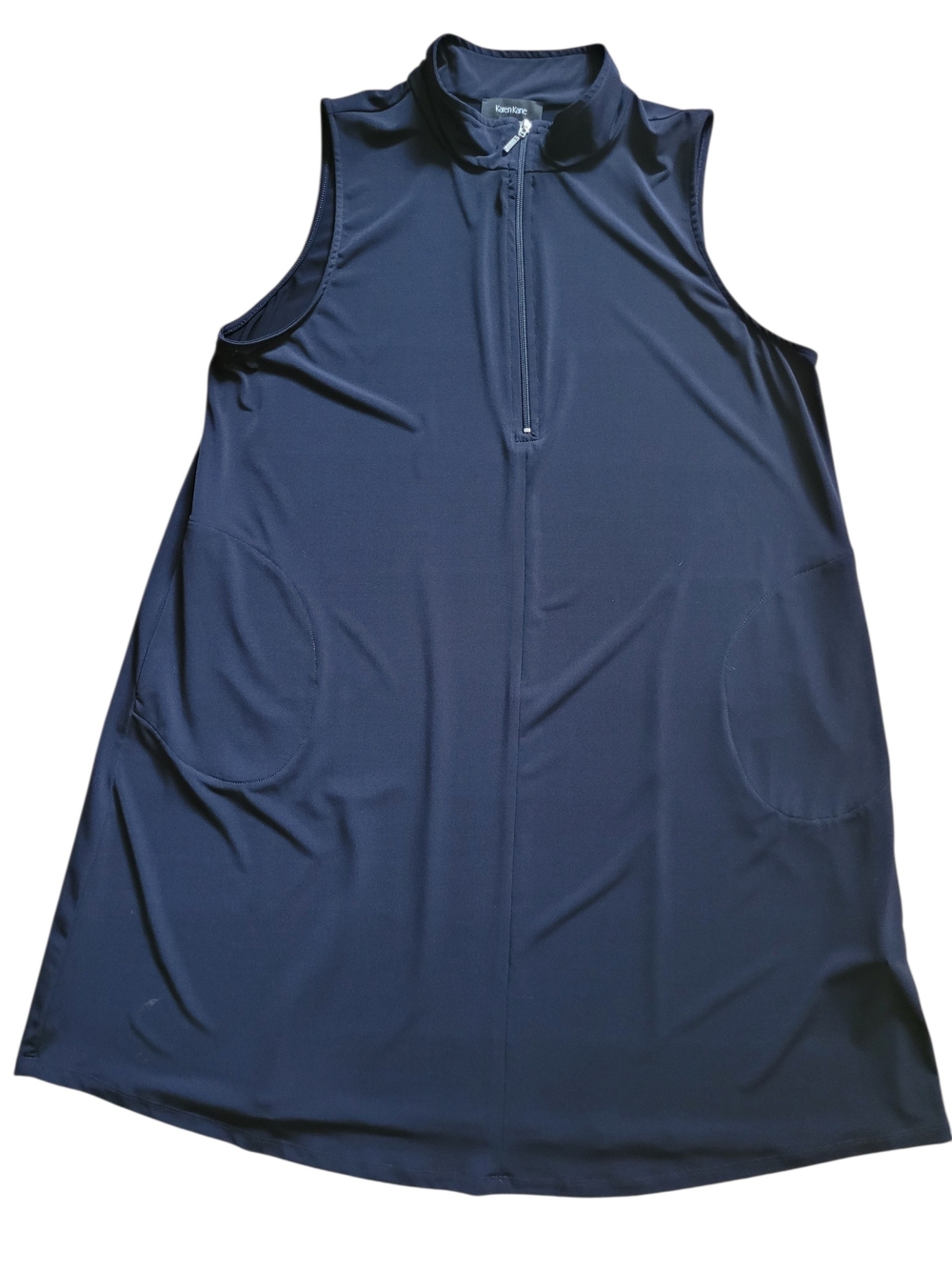 Karen Kane Travel Jersey Half Zip Shift Navy Sleeveless Midi Dress Pockets